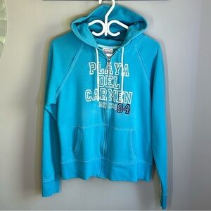 Le Best Turquoise Blue Hooded Long Sleeve Zip Up Sweatshirt Womens Size L